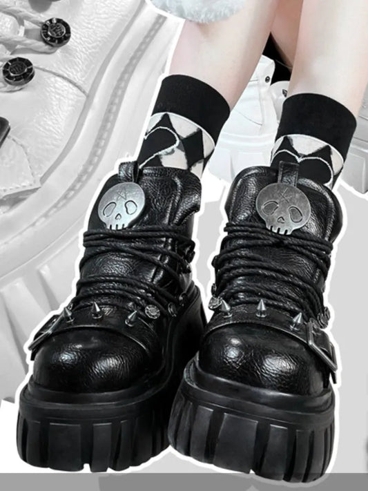 Plateaus Totenkopf Nieten Verziert Lolita Star PU Punk Schwarz