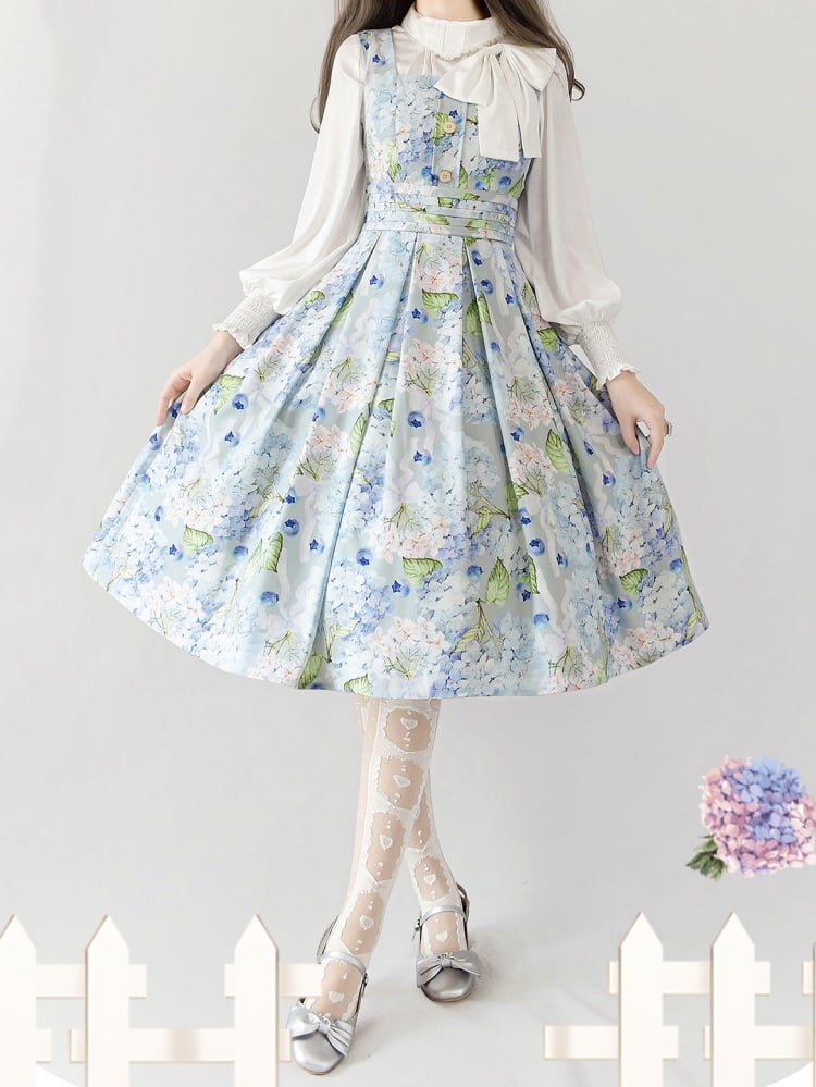 Blue Blueberry and Hydrangea Square Neckline Elegant Classic Lolita JSK Dress
