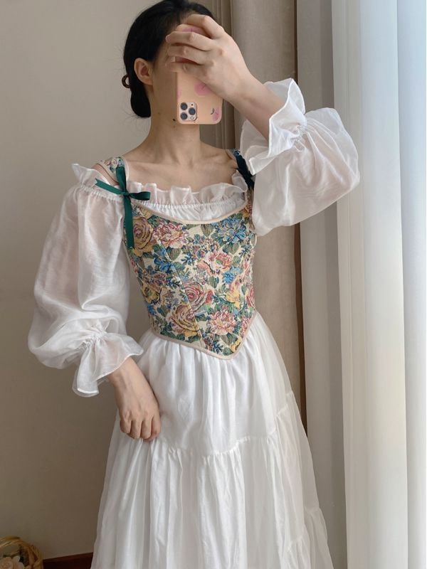 Oil Painting Floral Corset with Scoop Neckline