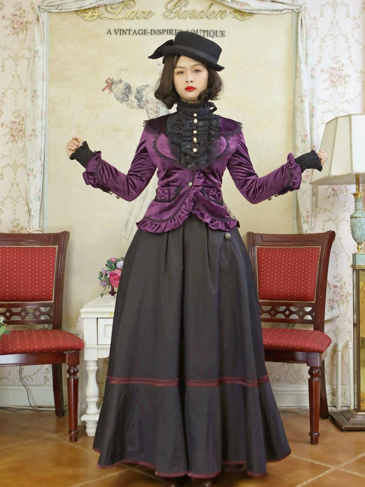 Dark Purple Lace-up Velvet Jacket and Black Vintage Skirt Set