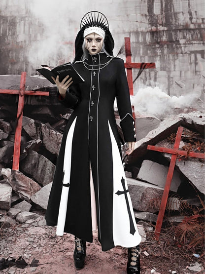 Black and White High Neck Gothic Woolen Coat