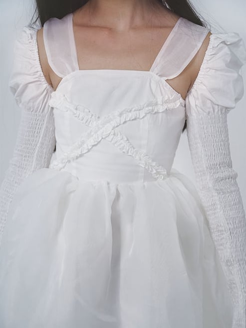 Leg-of-Mutton Sleeves Tiered Skirt White Dress