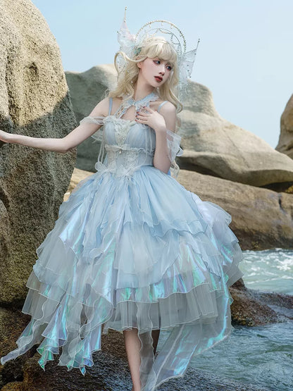 Layered Princess Trim Dress Skirt Corset Light Waist Cascading Blue Fairy JSK Lolita Ruffle