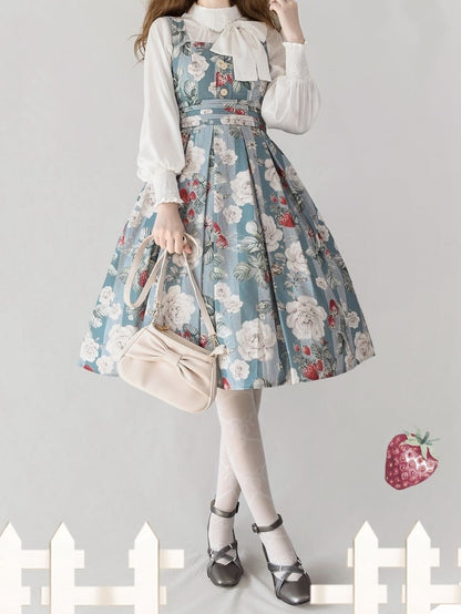 Dusty Blue Strawberry and Rose Square Neckline Elegant Classic Lolita JSK Dress