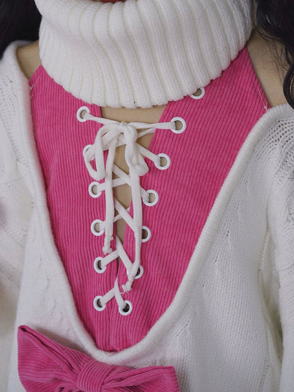 Pink Bowknot White Turtle Neck Sweater