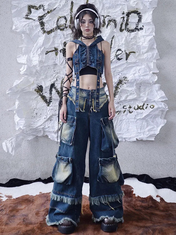 Cargo Punk Wash Wasteland Faded Pockets Jeans Wide Leg