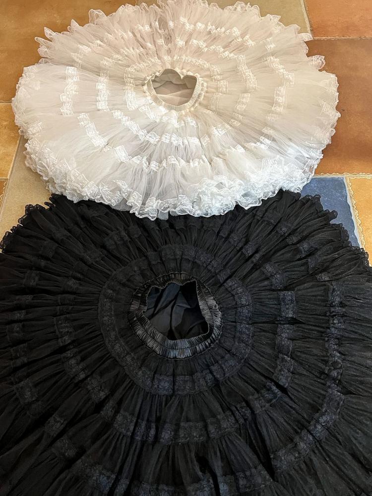 White Black Lace Trim Vintage Tiered Skirt