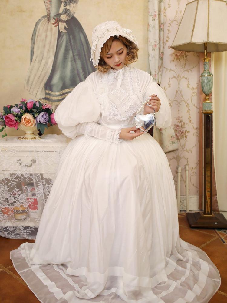 White Leg-of-Mutton Sleeves Blouse and White  Skirt Long Set