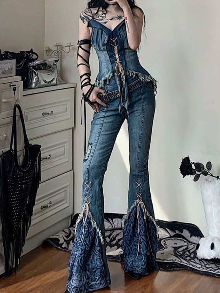 Patchwork Lace-up Denim Flare Pants