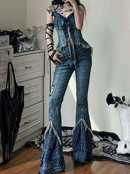 Lace-up Patchwork Detail Denim Pants Flare Design
