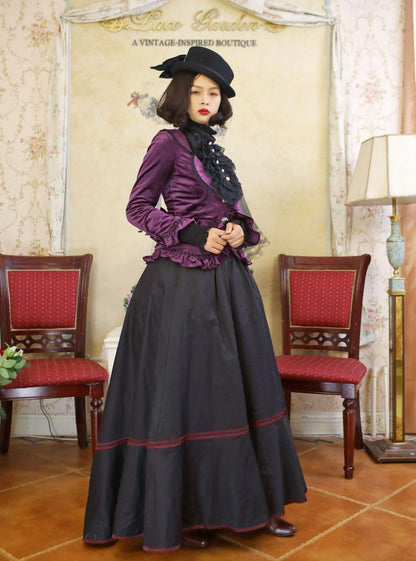 Dark Purple Lace-up Velvet Jacket and Black Vintage Skirt Set