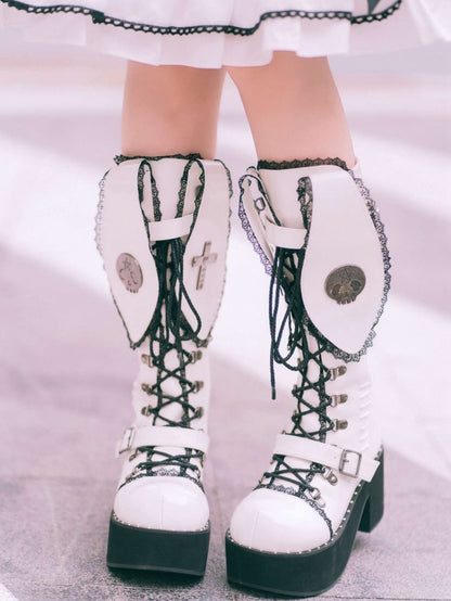 Bad Bunny Lace Trim Bunny Ears White PU Gothic Platform Boots