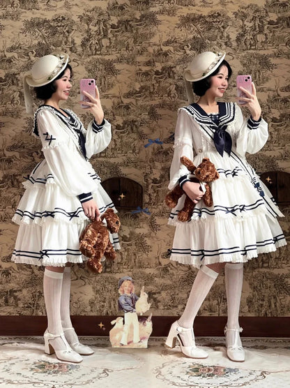 Full Sailor Lolita Skirt Set Summer Dress Tiered White OP