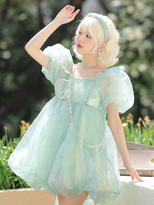 Green Short/Long Sleeves Short Bow with Sweet Detachable Version Dress Big