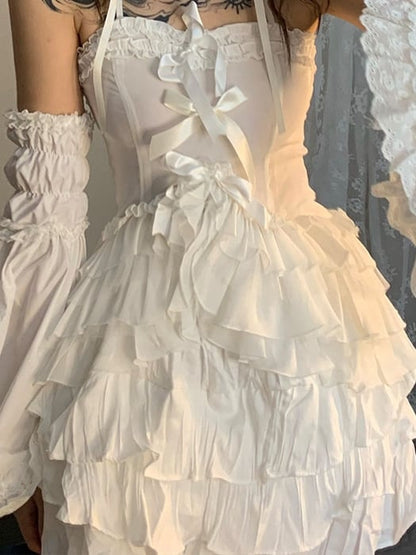 White Tiered Ruffle Hem Top with Bowknots