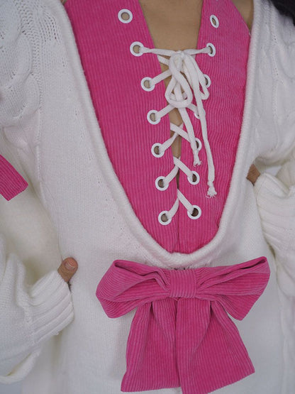 Pink Bowknot White Turtle Neck Sweater