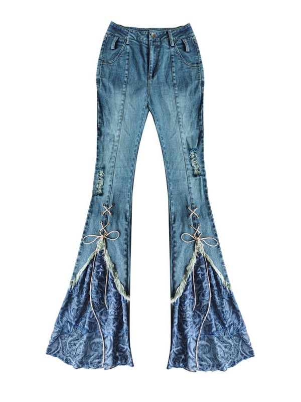 Patchwork Lace-up Denim Flare Pants