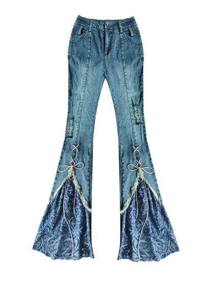Lace-up Patchwork Detail Denim Pants Flare Design