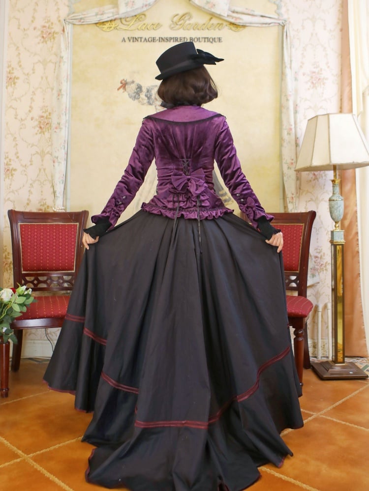 Dark Purple Lace-up Velvet Jacket and Black Vintage Skirt Set