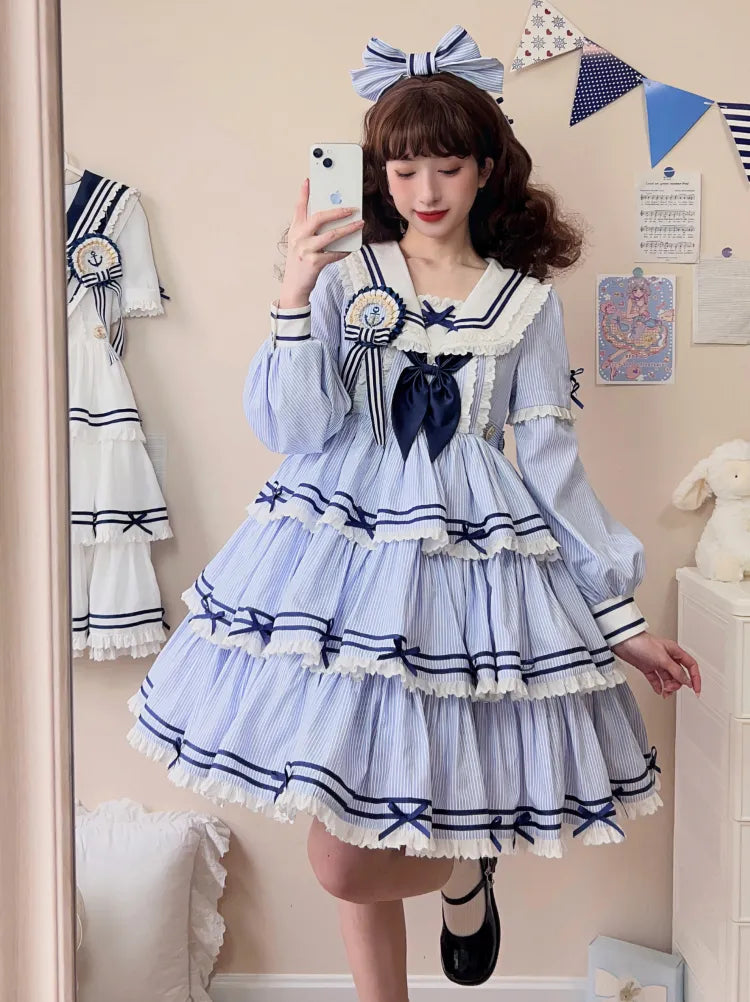 Striped Blue with Sleeves Detachable Lolita Collar Summer Dress Short Sailor