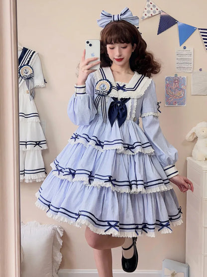 Striped Blue with Sleeves Detachable Lolita Collar Summer Dress Short Sailor