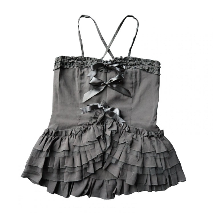 Black Tiered Ruffle Hem Top with Bowknots