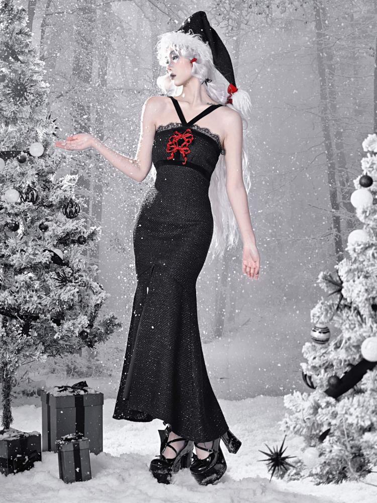 Gothic Christmas Lace Mermaid Skirt Tweed Sheath Dress