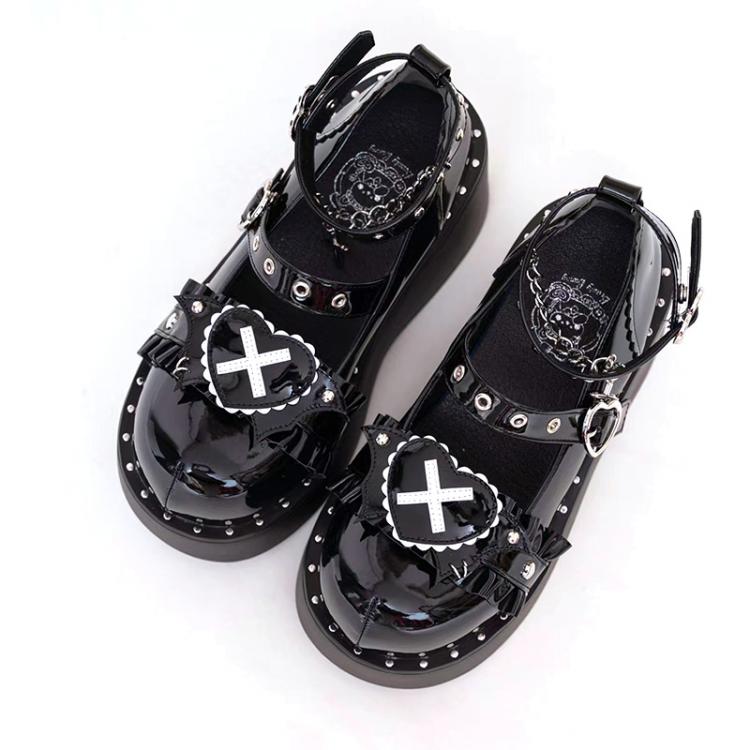 Sweetheart Sanctuary Heart-shaped Buckle Straps Black Lolita Platforms