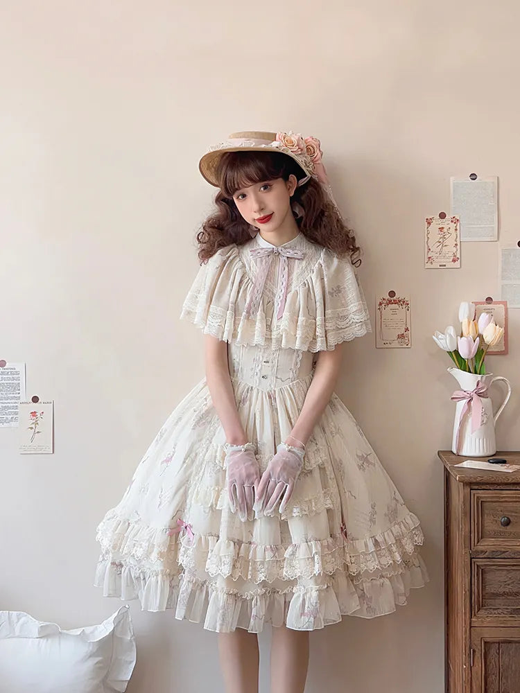 Dress Lolita Classic Elegant Beige Bluebell Neck Floral Edward Print