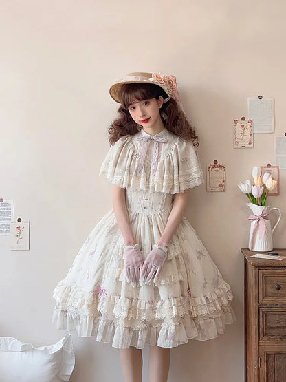 Dress Lolita Classic Elegant Beige Bluebell Neck Floral Edward Print