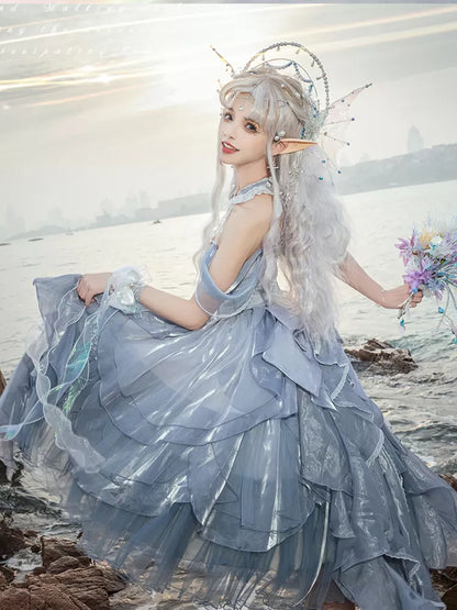 Dress Cascading Blue Fairy Dusty JSK Skirt Waist Princess Lolita Corset Layered Trim Ruffle