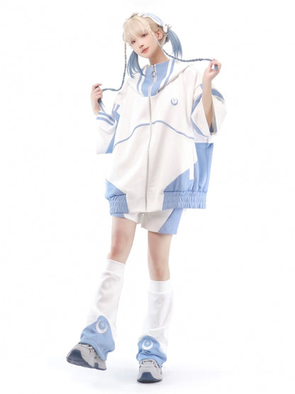 Light Blue and White Zip Up Front Sweatershirt Elbow-length Sleeves Tenshi Kaiwai Jacket