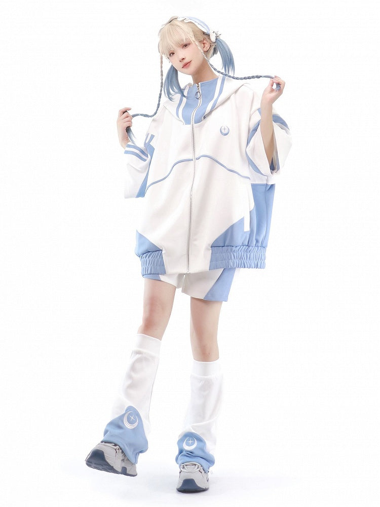 Front Tenshi White Jacket Up Blue Sleeves Kaiwai Light and Sweatershirt Zip Elbow-length