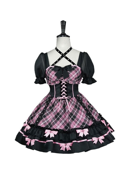 Halter Neck Lace-up Detail Pink Plaid One Piece Idol Dress