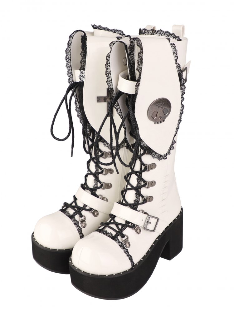 Bad Bunny Lace Trim Bunny Ears White PU Gothic Platform Boots